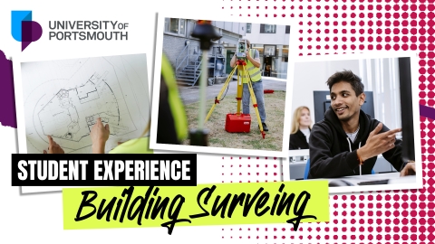 Student smiling infront of a Building Surveying sign