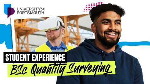 Student smiling infront of a Quantity Surveying sign